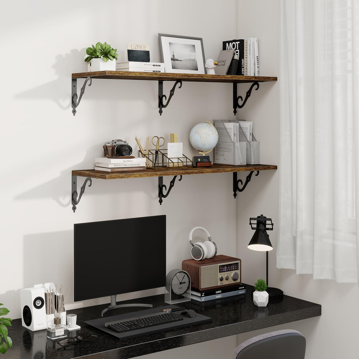 Fun Memories 40 Inch Floating Shelves Wall Mounted, 12 Inch Deep Wall Shelves with Bracket, Rustic Hanging Bookshelf, 40" Bookshelves for for Living Room, Kitchen and Bedroom, Rustic Brown, Set of 2 Fun Memories