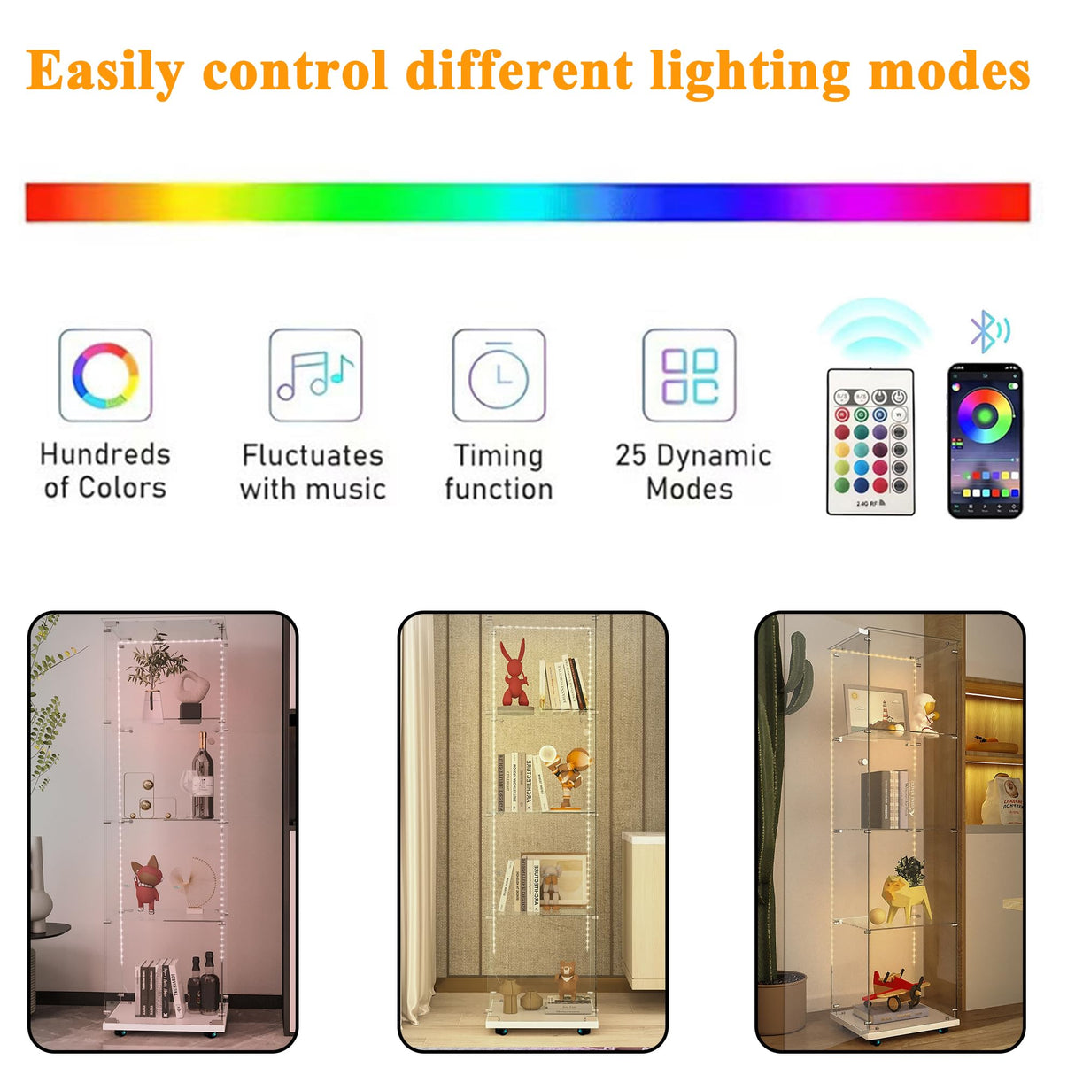 nifoti 65" H 4-Shelf LED Lights Strip Glass Display Cabinet with Lock & Casters, Modern Glass Top Curio Storage Cabinet Collection Display Case, Tempered Glass Bookshelf Case for Living Room(White) nifoti