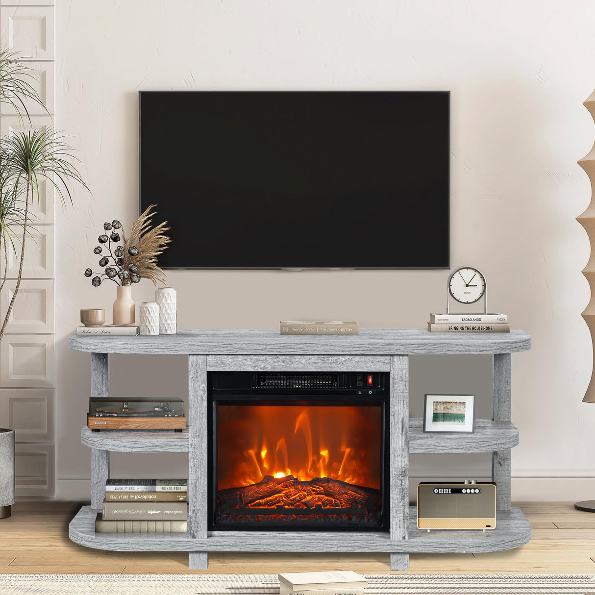 COMEFFIE 48" TV Stand with 18" Electric Fireplace Heater, Modern TV Stand for TVs up to 55 Inch, Entertainment Media Stand with Open Shelves and Storage Cabinets for Living Room, Bedroom (Grey) COMEFFIE