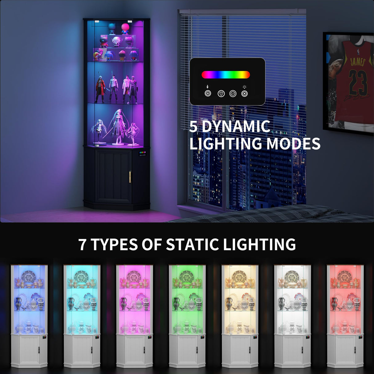 Lvifur 69" Corner Glass Display Cabinet with RGB Lights,3-Tier Movable Glass Shelves,Curio Display with Human Body Sensor,Bookcase with Storage Cabinet for Toys,Books,Collectibles,Liquor,Black Lvifur