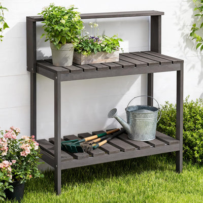 Psilvam Outdoor Poly Lumber Potting Bench, Polystyrene Garden Table with Storage Shelves, All-Weather Patio Work Station for Gardening(Grey)