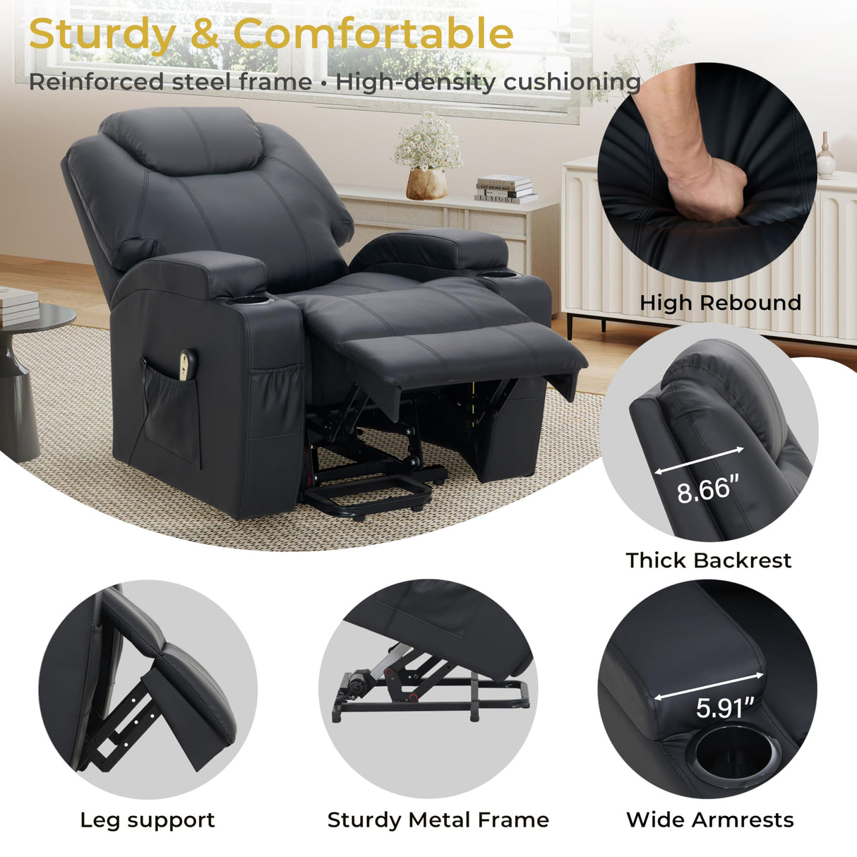 VUOVUS Power Lift Recliner Chair for Elderly, PU Leather Electric Lift Chair with Remote Control, Adjustable Footrest & Lumbar Support, Living Room Recliner with Cup Holders & Side Pockets (Black) VUOVUS
