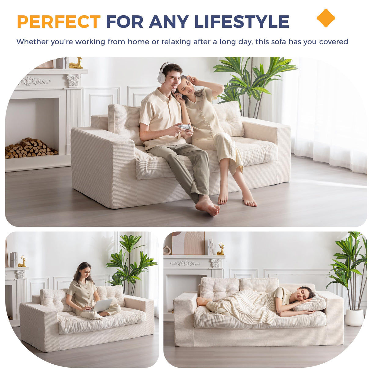 MAXYOYO 3 Seater Couch for Living Room, Boneless Couch with Tufted Cushion & Backrest, Upholstered Floor Sofa, Sofa in A Box, Beige MAXYOYO