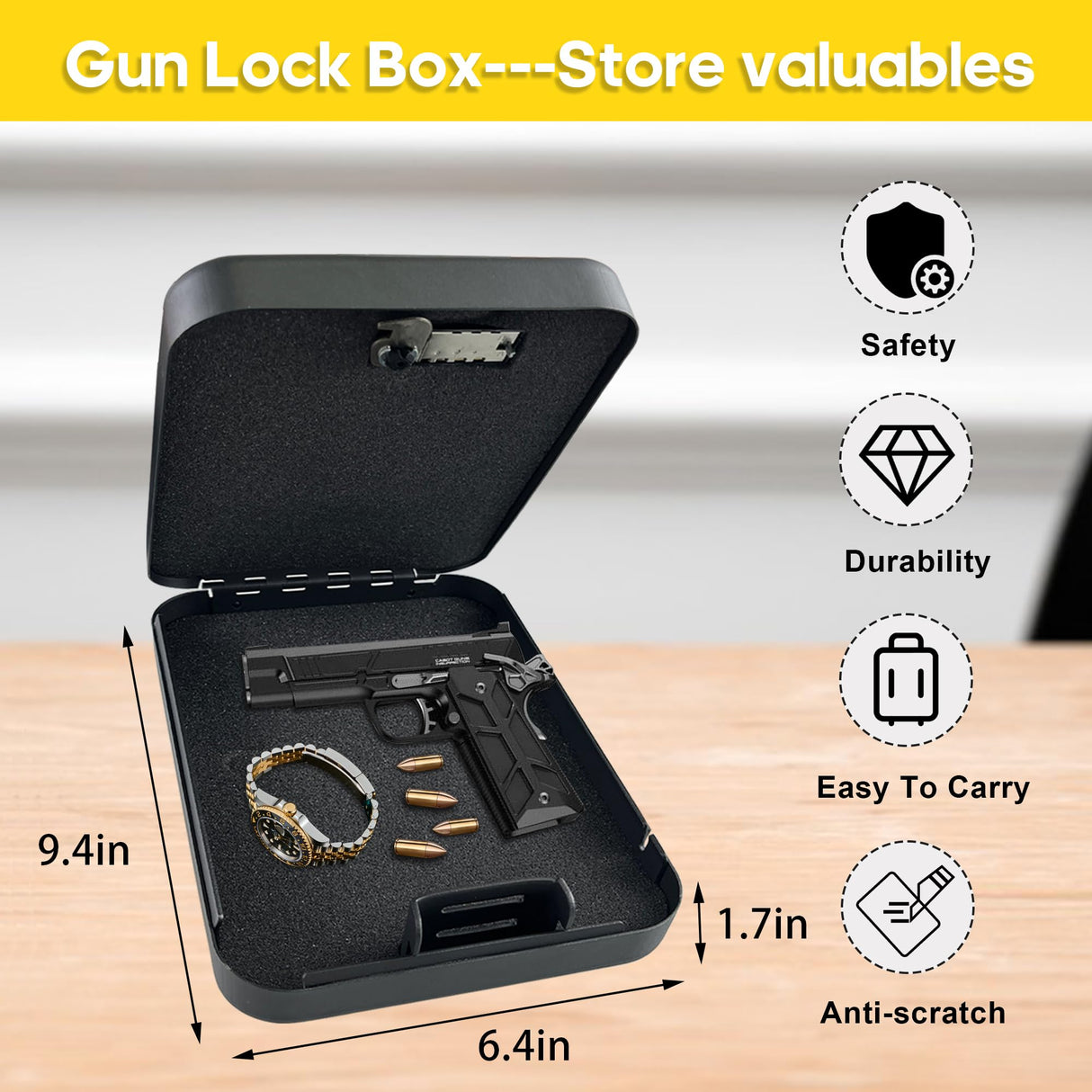 YIYITOOLS Small Gun Safe, Pistol Safe Small Handgun Lock Box with Resettable Combination Lock, Heavy-Duty Alloy Steel Handgun Lock Box, Foam Padding, Security Cable, Ideal for Car,Travel,Home, BLack YIYITOOLS