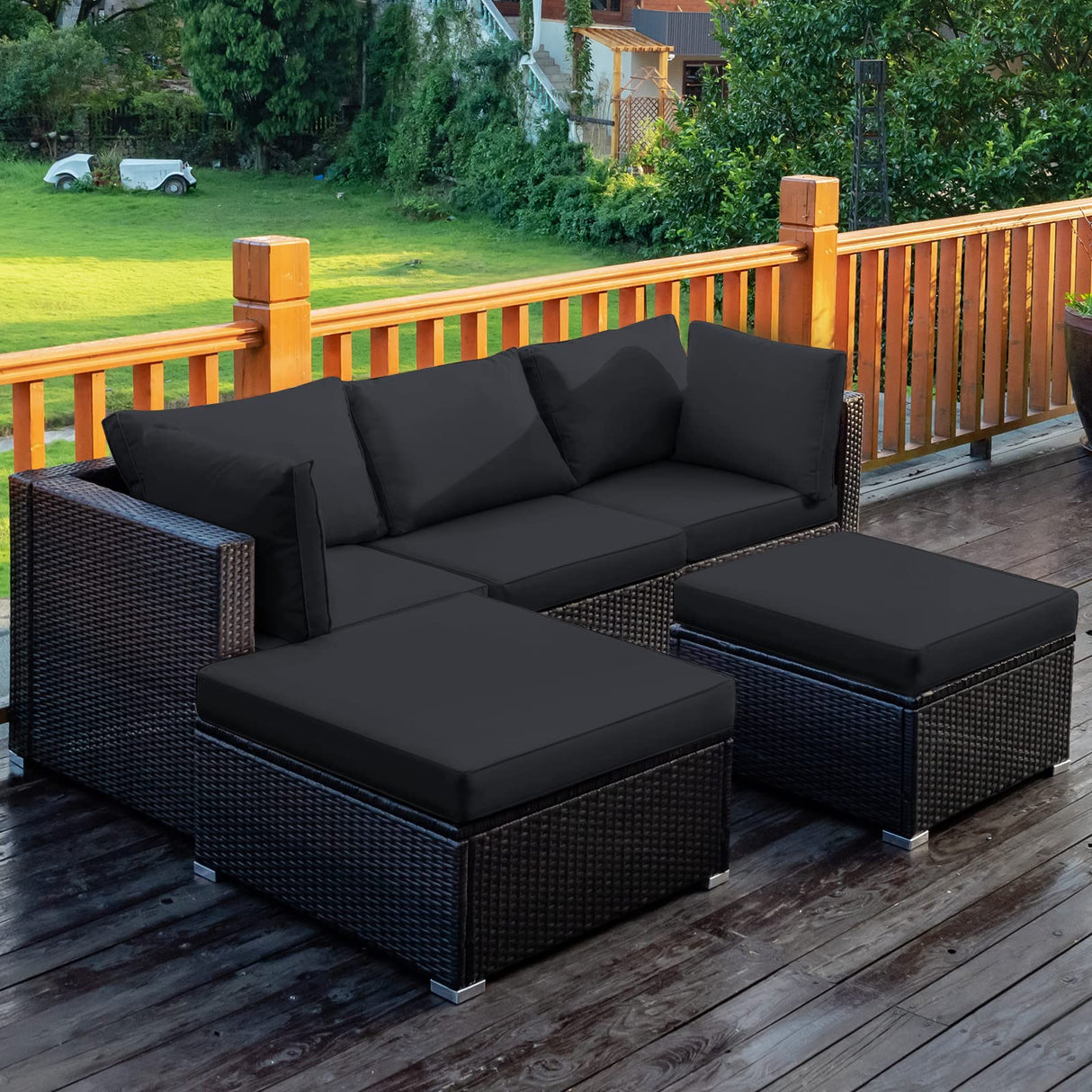 Tangkula 5 Piece Patio Rattan Furniture Set, Outdoor Sectional Rattan Sofa Set with Back & Seat Cushions, Wicker Conversation Set with Tempered Glass Table for Backyard Porch Poolside (Black) Tangkula