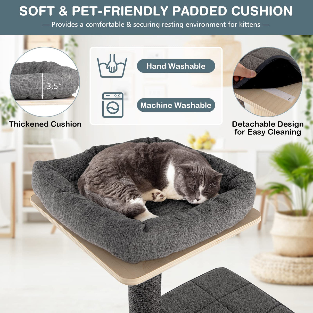 PETSITE 69" Tall Wooden Cat Tree Tower, Modern Cat Activity Center Tree with Sisal Posts & Scratch Board, Condo & Top Perch for Kitchen & Large Cat, Grey PETSITE