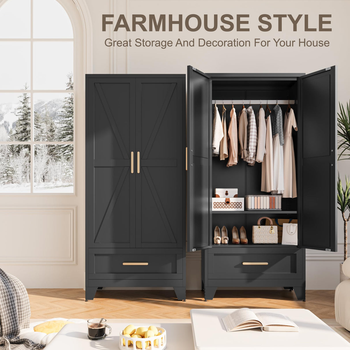 Baborokic Metal Wardrobe Cabinet,71 Armoire Wardrobe Closet with Drawers and Hanging Rod,Metal Armoire with Adjustable Shelves for Closet,Bedroom,Farmhouse Storage Cabinet with Drawer(Black) Baborokic