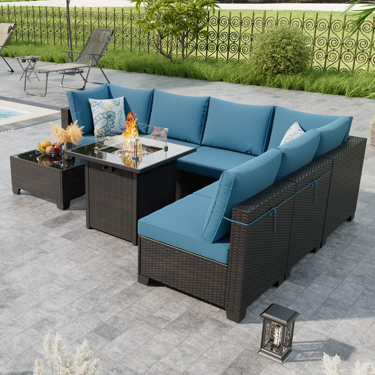 Peacabo 8 Piece Outdoor Patio Furniture Set with Fire Pit Table, Wicker Sectional Sofa Set with Thick Cushions, Perfect for Garden Lawn Pool or Backyard, (Brown/Peacock Blue) Peacabo