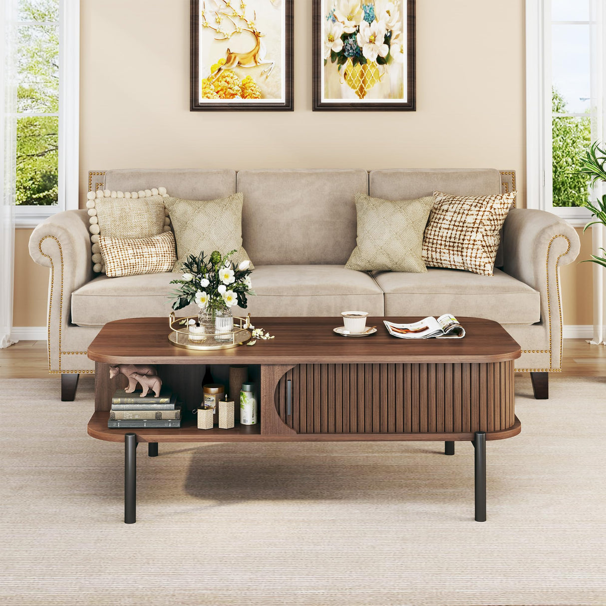 Coffee Table, 39.4" Mid Century Modern Coffee Tables for Living Room, Coffee Table with Storage Open Shelf, Fluted Table with Sliding Cabinet Door, 2-Tier Rustic Wood Desktop, Walnut HUAHUU