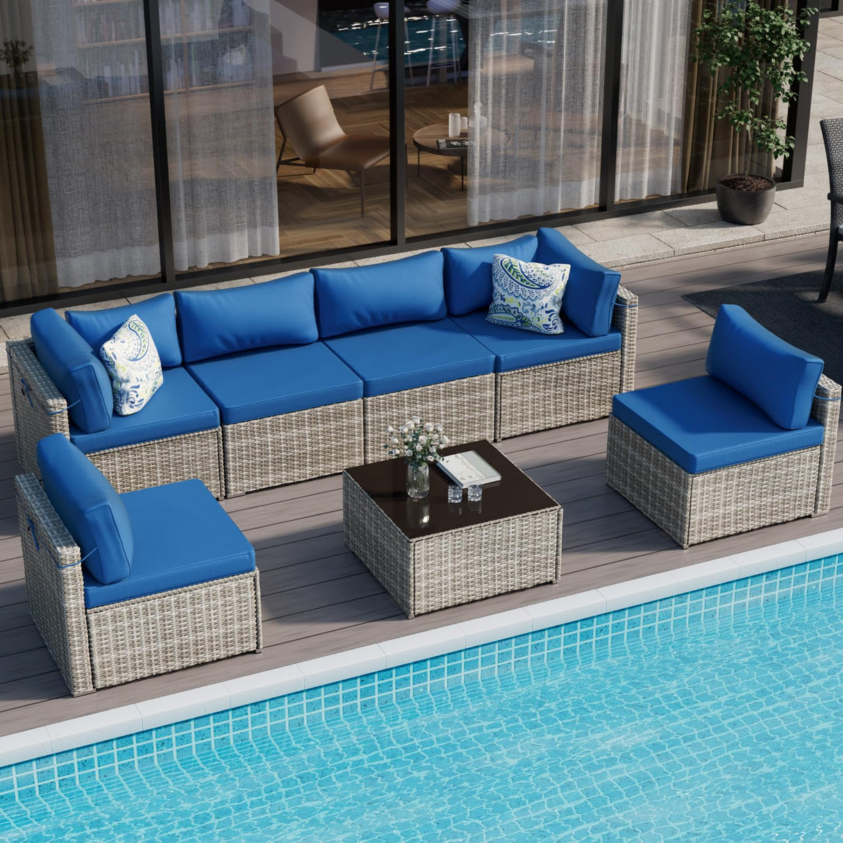 RESOM 7-Piece Gray Rattan Patio Furniture Sets, Outdoor Conversation Sofa Sets with Water Resistant Blue Cushions & Tempered Glass Coffee Table, Modular Outdoor Sectional Sofa Sets with 2 Pillows RESOM