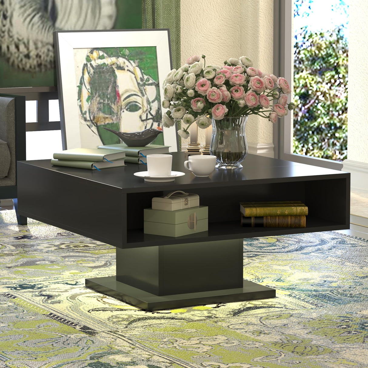 HedoAjim 30.7" Lift Top Coffee Table with Storage, Square Black Coffee Table for Living Room, Led Coffee Table with Large Hidden Storage, Wood Living Room Table Center Table for Dining Reception Room HedoAjim