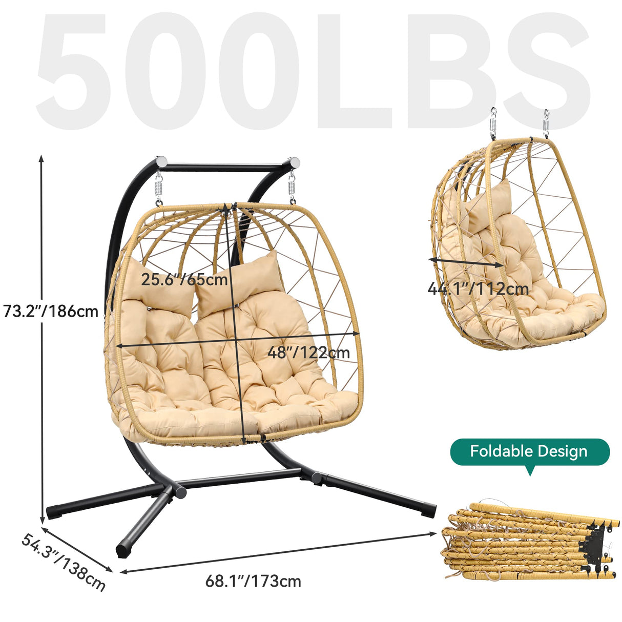 YITAHOME Hanging Egg Chair Swing Chair with Stand Double Egg Chair, 2 Person Wicker Chair Outdoor Indoor Hammock Egg Chair with Cushions 500lbs for Patio, Garden, Bedroom and Balcony, Beige YITAHOME