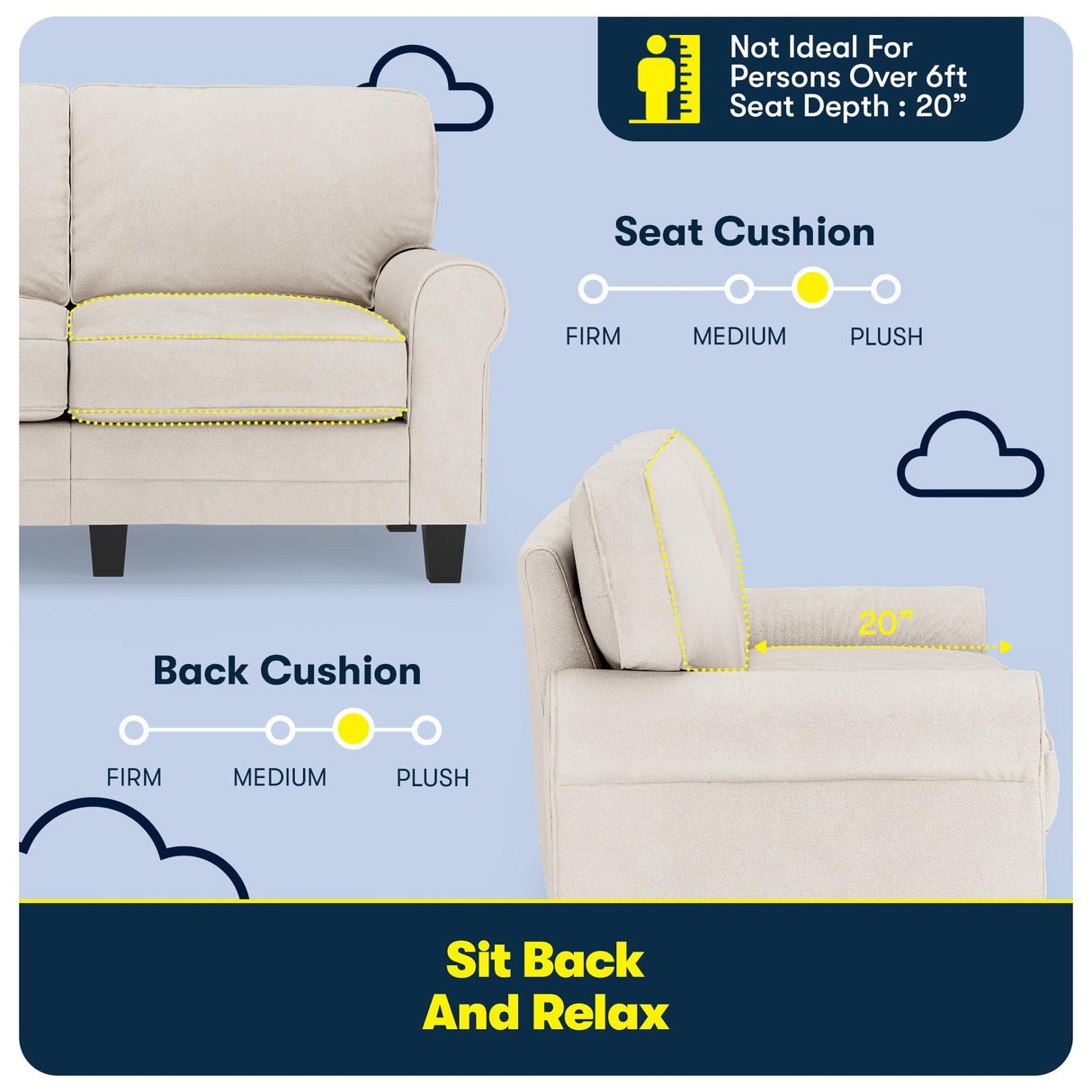 Serta Copenhagen 61" Rolled Arm Sofa, Easy Care Polyester, Soft Pillow Back, Pocket Coil Seat Cushions, Removable Covers, Loveseat or Couch for Small Spaces, Living Rooms or Bedrooms, Cream White Serta