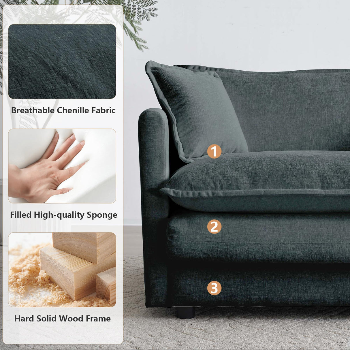 mikibama Modular Sectional Sofa, 111.5 Inch U Shaped Couch Set for Living Room, 3-Seater Comfy Cloud Couches with Movable Ottoman, DIY Combination, Chenille, Grey mikibama