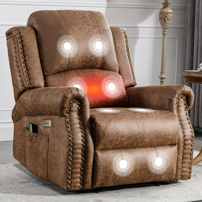 HAOMARKETS Classic Power Recliner Chair with Massage and Heat, Breathable Faux Leather Electric Recliner with USB Port, Overstuffed Reclining Sofa with Rivets for Living Room, Brown