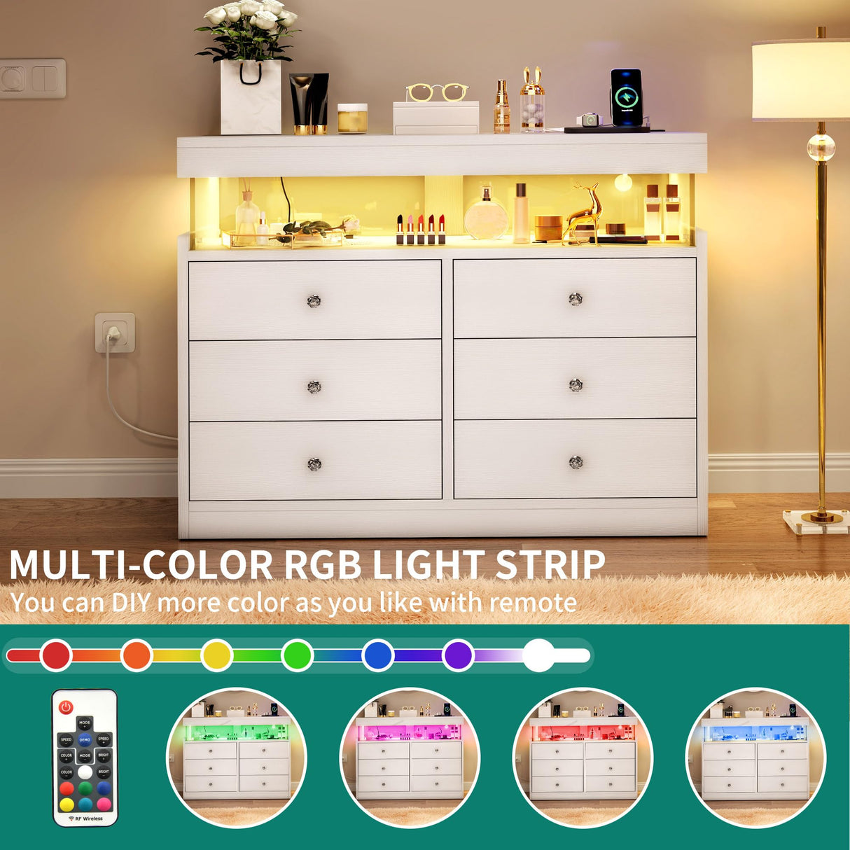 YITAHOME 6 Drawer Dressers with LED Lights and with Charging Station, Wood Dressers Chests of Drawers, Modern Dresser with Open Shelf Storage for Room, Entryway, Hallway, White YITAHOME