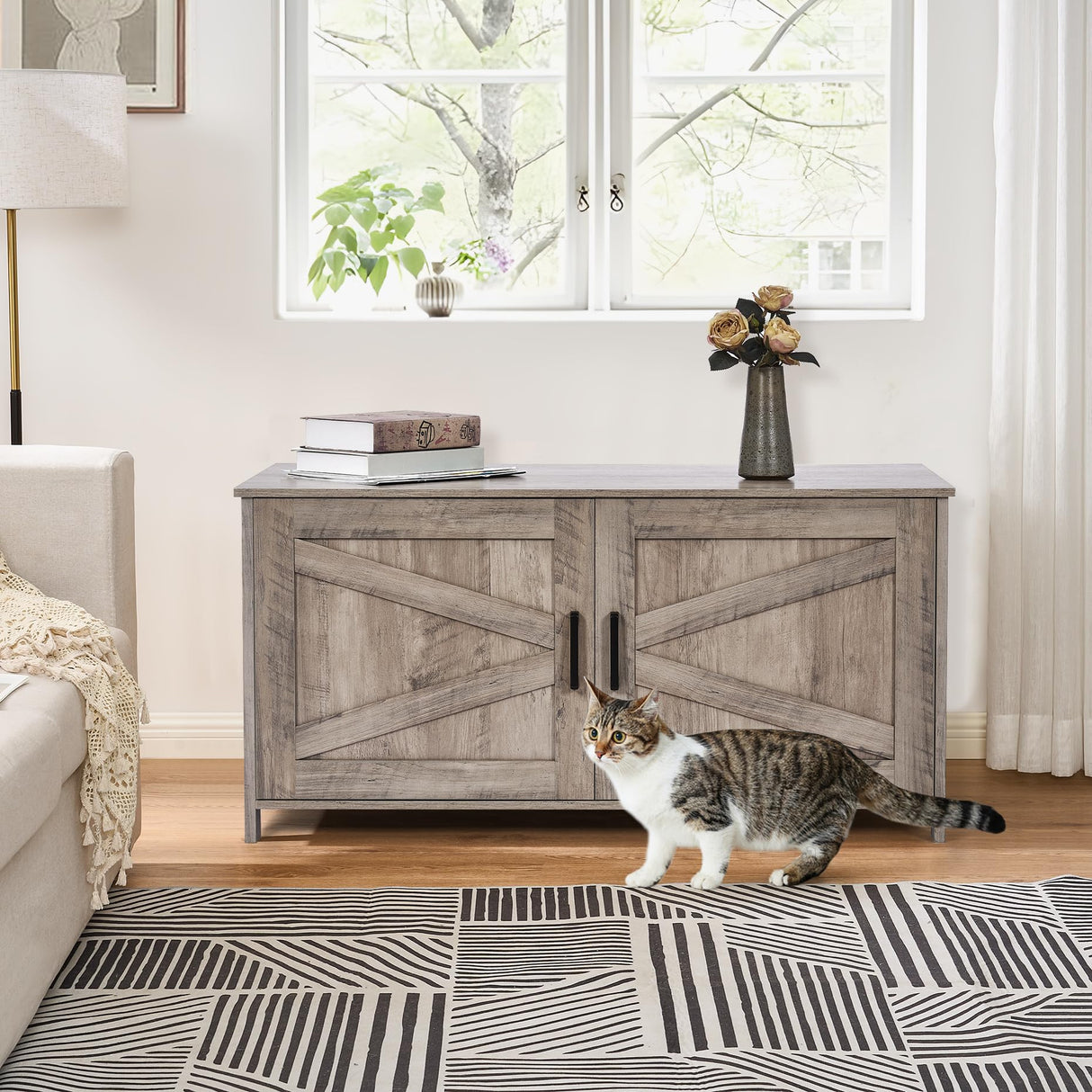 Homhedy 39.4" L Cat Litter Box Enclosure,Litter Box Furniture Hidden with Barn Door,Wooden Cat Washroom Furniture,Cat House,Fit Most of Litter Box, Greige Homhedy