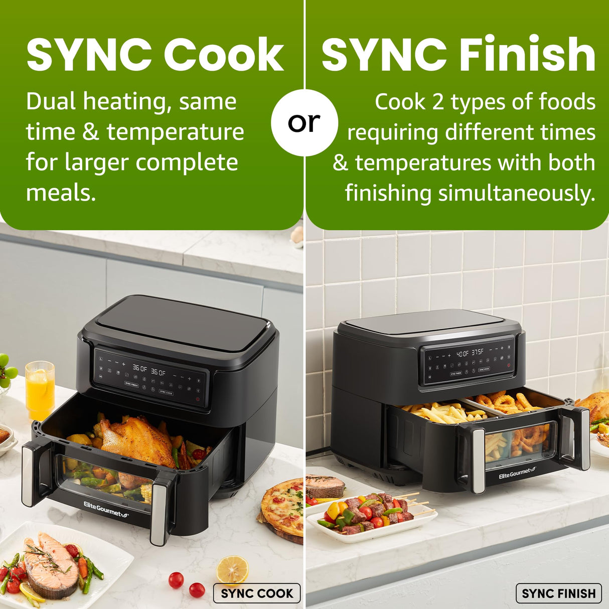 Elite Gourmet EAF1055D Dual Zone Air Fryer Oven, 11QT. Capacity with Divider 2 Independent Cook Zones, Dishwasher Safe Basket, 10 Preset Functions, 1600-Watts, with Recipe Booklet, Black Elite Gourmet