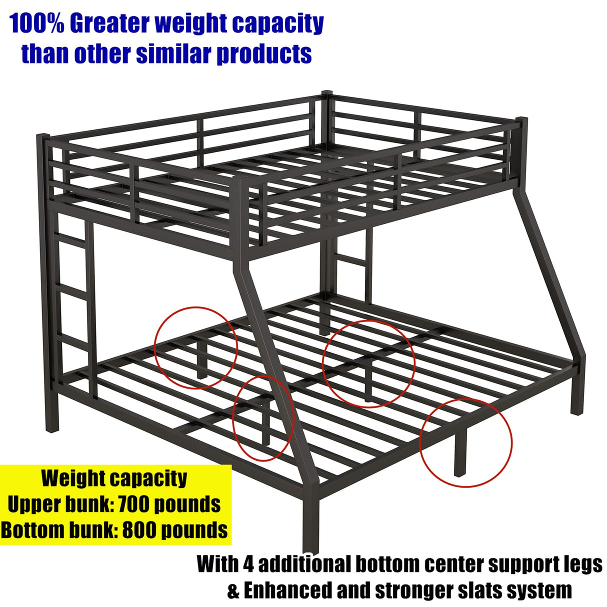 TSAMPA Latest Upgraded & Stronger Heavy Duty Black Metal Bunk Bed Frame Queen Over King Size, Thickened Safer More Stable Bunkbed King Bunk Bed (Easier to Assemble) (Queen Over King) TSAMPA