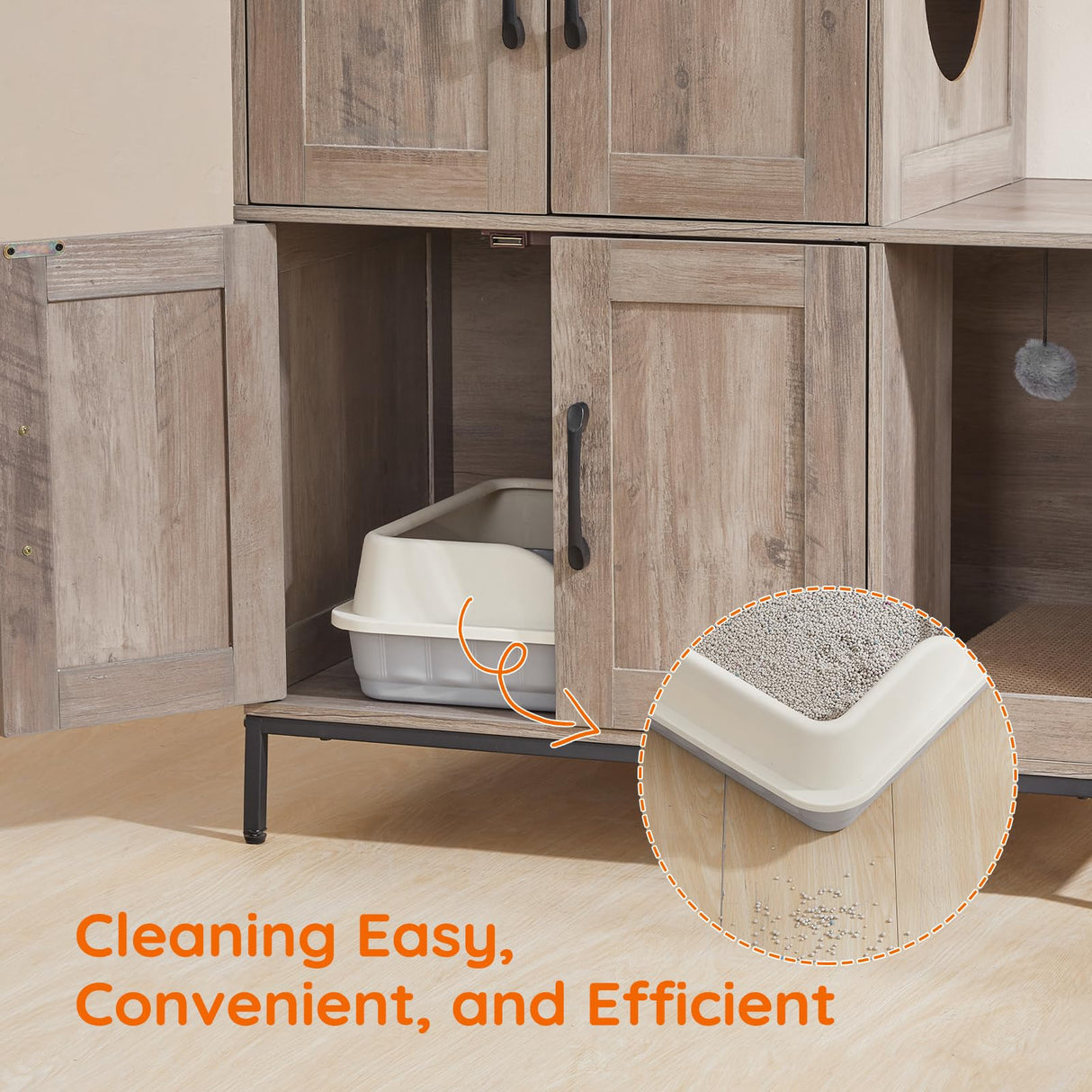 HOOBRO Cat Litter Box Enclosure Furniture, 2 in 1 Hidden Litter Box Furniture with Shelf, Double Litter Box Cabinet with 2 Danging Plush Balls and 1 Toy Ball, Greige and Black BG78MW01 HOOBRO