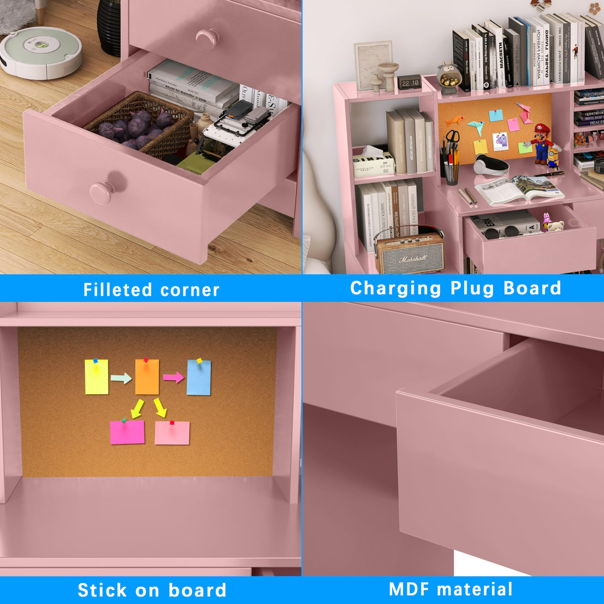 RUPOLX Pink Kids Desk and Chair Set for 5-12 Year Old, Childrens Computer Desk with 4 Drawers, Kids Study Table with Storage Shelf -3vj-40 RUPOLX