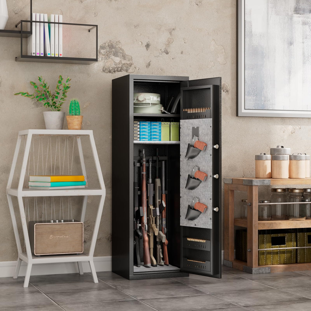 Gun Safes Cabinets Biometric Fingerprint Gun Safes Fireproof for 5 Home Rifle Shotguns and 3 Pistols with 3 Ammunition Storage Rack and Led Light Hymnxemo