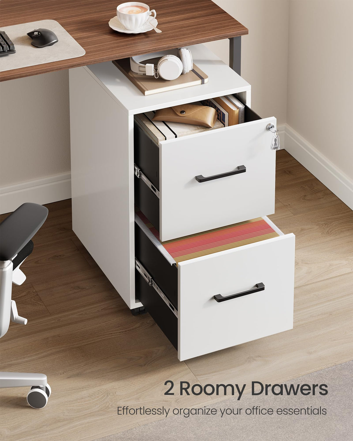 SONGMICS File Cabinet, Pre-Assembled Except Wheels and Handles, Office Filing Cabinet with Lock, for A4, Legal, Letter Sized Documents, 17.7 x 14.4 x 25.4 Inches, Matte White UOFC112W01 SONGMICS