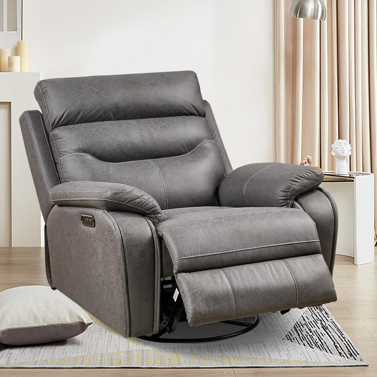 ROYALSON Dual OKIN Motor Power Recliner Chairs Swivel Rocker Recliner with One-Key Reset Button for Elderly Nursery Infinite Position, Power Headrest and USB Port,Faux Leather (Grey) ROYALSON