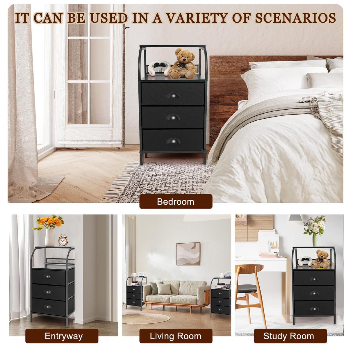 Jixlantuc Nightstand Bedside Table with Fabric Drawers Night Stand for Bedroom,End Table with Storage Shelves Side Tables Hallway, Entryway, Nursery Black Jixlantuc