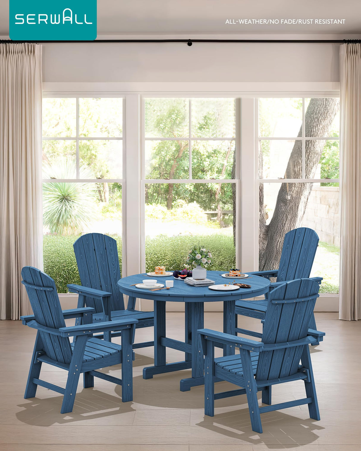 SERWALL 5-Piece Patio Dining Sets, HDPE Outdoor Table and Chairs Furniture Set, 45" Round Dining Table and 4 Adirondack Dining Chair, Navy SERWALL