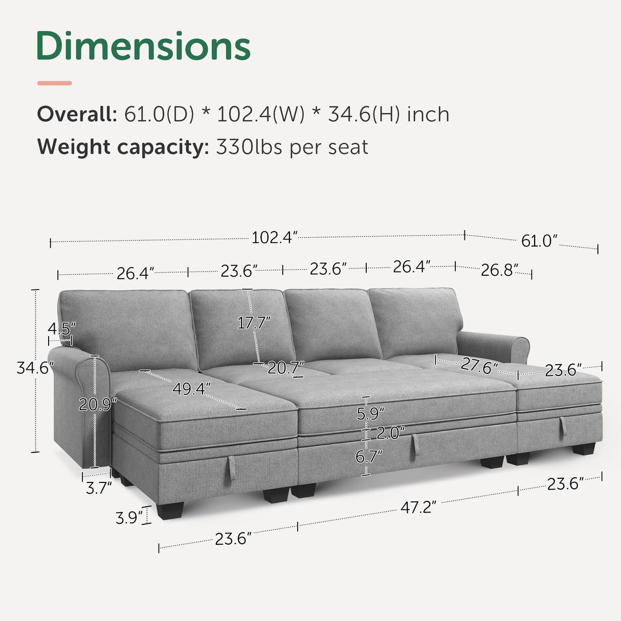 HONBAY Convertible Sectional Sofa Set with Storage Seat U Shaped Sectional Couch with Reversible Chaise Sleeper Sectional Couch Bed for Living Room, Light Grey HONBAY