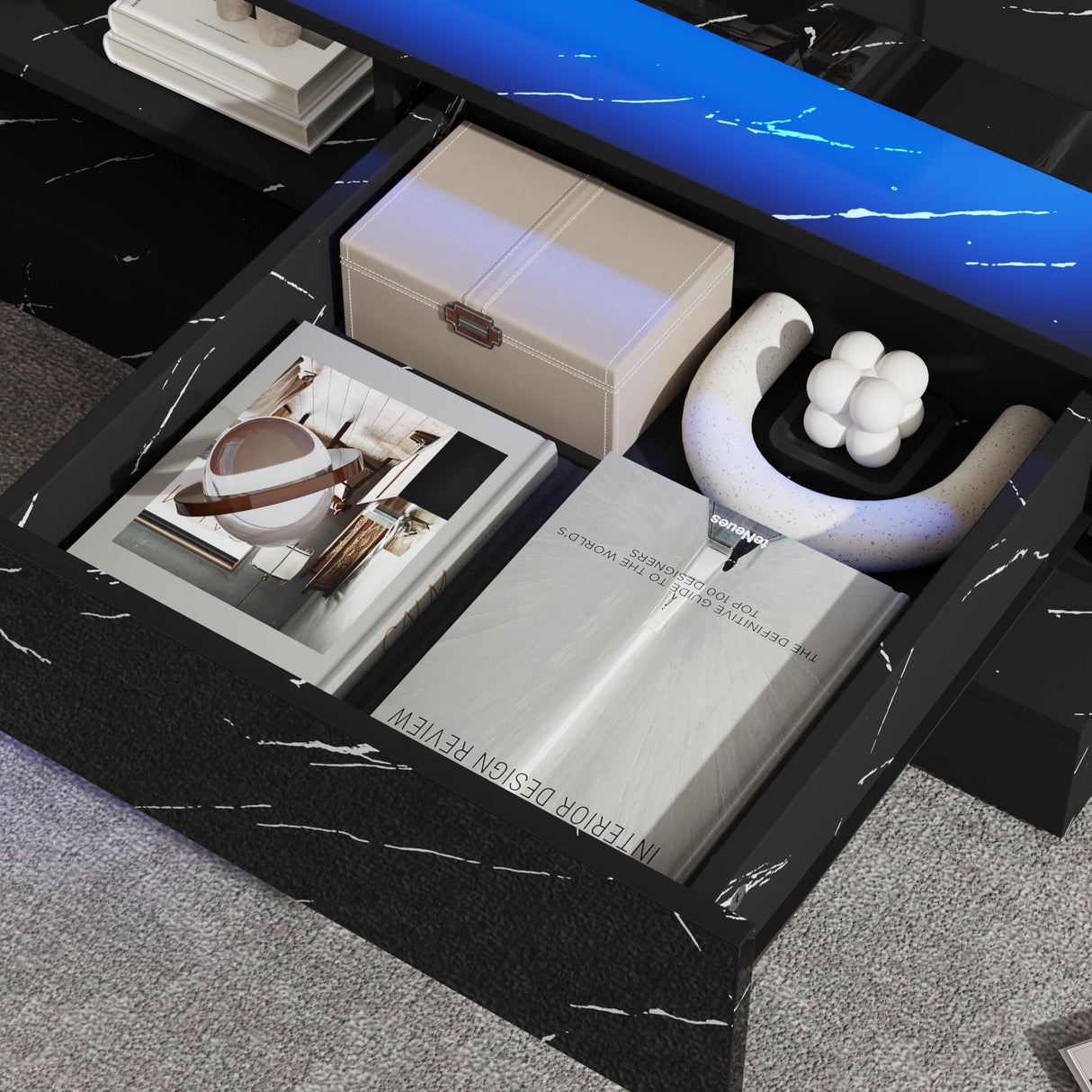 47.2 inch Modern High Glossy LED Coffee Table with 2 Sliding Drawers, Double-Layer Center Tables with LED Lights for Livings Room Furniture, Black chartustriable