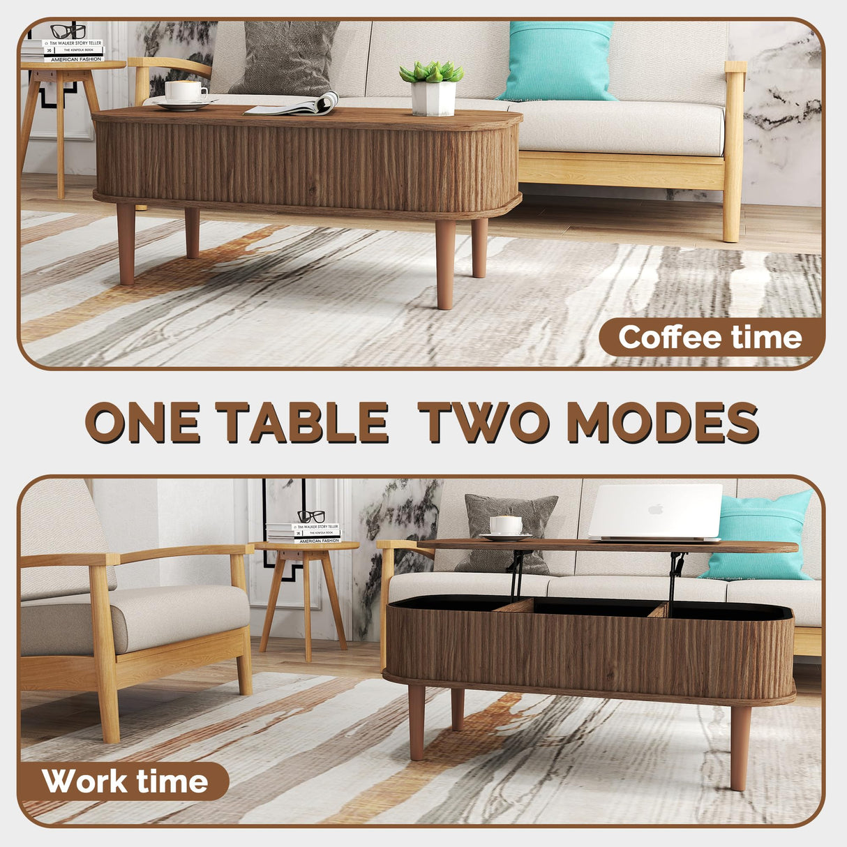 Fluted Lift Top Coffee Table with Hidden Storage, Oval Coffee Table with Lifting Top, Mid Century Modern Design for Living Room, Office & Small Spaces(Walnut) Cuzobro