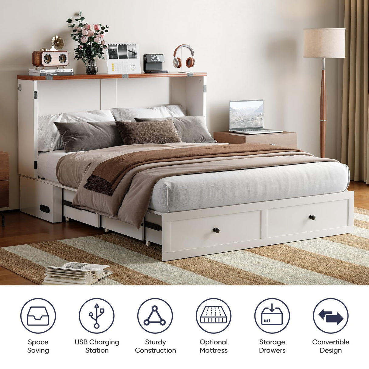 ijuicy Queen Murphy Bed with Storage & Multifunctional Charging Station, Farmhouse Murphy Cabinet Bed with Foldable Panel, Space-Saving Beds for Guest Bedroom, Living Room-White & Brown,with Mattress ijuicy