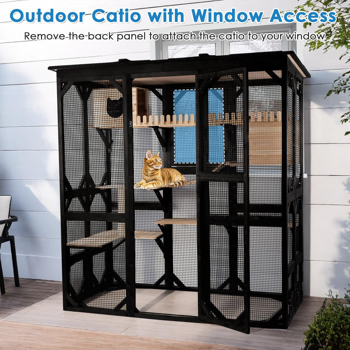 FunXplore 71.1" L Large Cat Catio Outdoor Cat Enclosure Window Acess, Walk-in Cat Cage Cat House for Multiple Indoor Outdoor Cats, Outside Patio 6 Doors Weatherproof Roof FunXplore