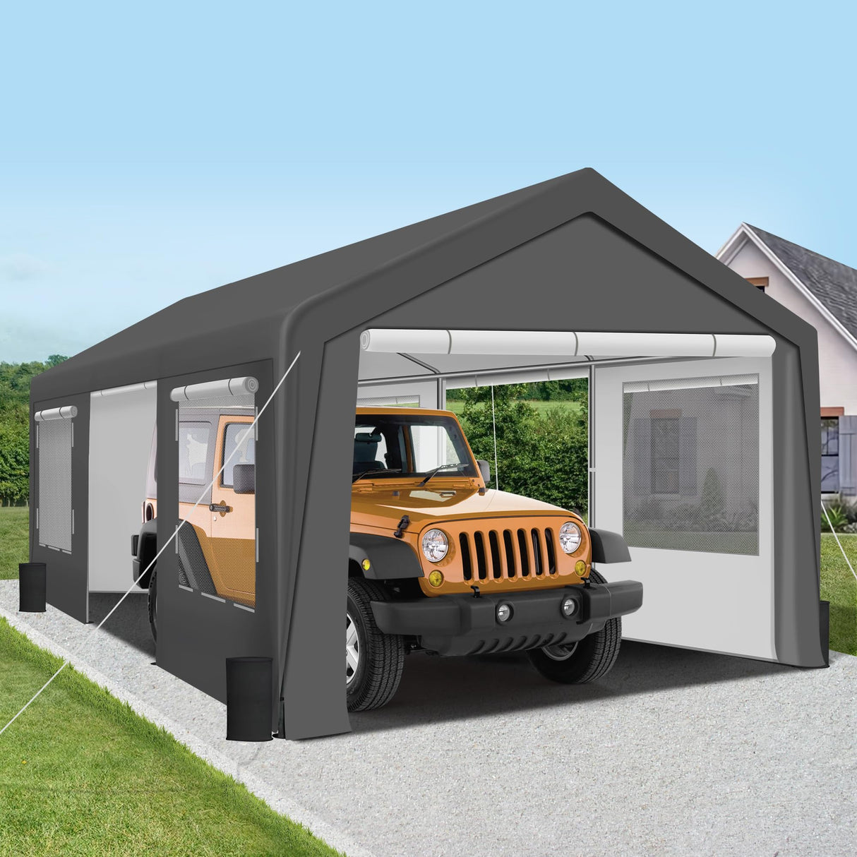 GARTOO Upgrade 11.5'x19.5' Heavy Duty Carport - Extra Large Outdoor Shelter with Roll-up Ventilated Windows & Side Doors, Portable Garage for Car Boat Truck Auto Motorcycle Outdoor Events Party, Gray GARTOO