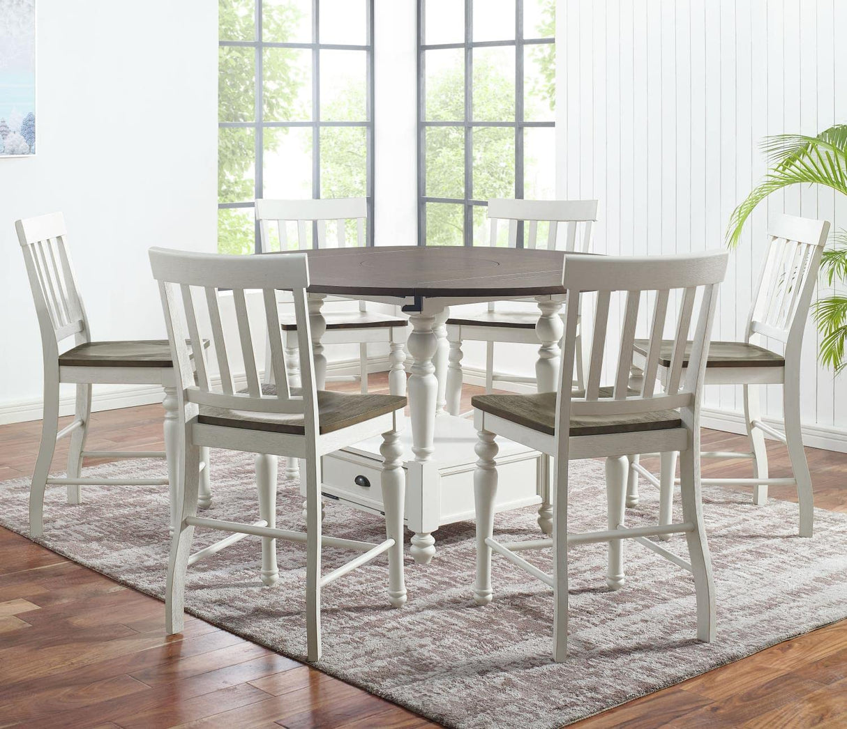 Steve Silver Furniture Joanna 7pc Round Counter Dining Set, Farmhouse Design, 42"-59" Table w/Double-Drop Leaf Top w/ 6 Side Chairs and Built-in Lazy Suzan, 42" L x 42" W x 36.25" H, Brown Steve Silver