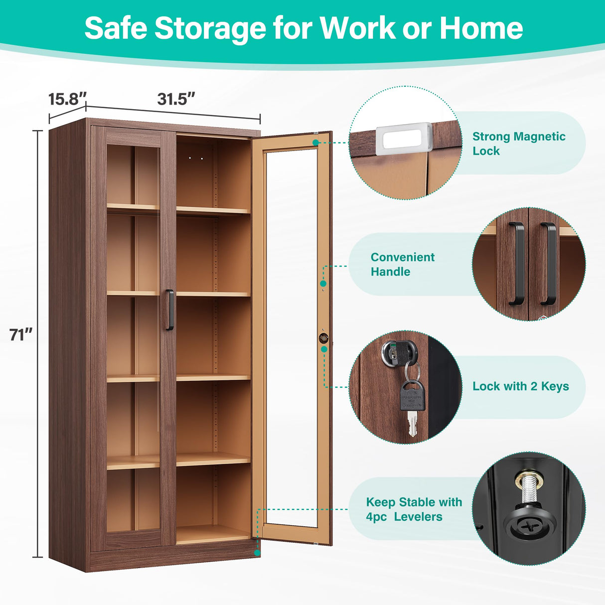 Metal Storage Cabinet with Lock and Glass Doors,Glass Display Cabinet,Tall Storage Cabinets,Locking Curio Cabinets with 5 Shelves for Collectibles,Home,Office,Living Room SISESOL