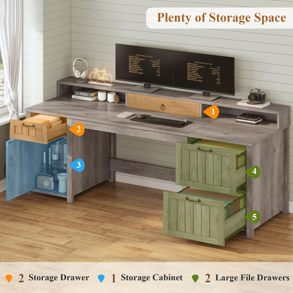 SEDETA Farmhouse 63" Executive Desk, Wood Computer Desk with Drawers and Storage Cabinet, Home Office Desk with File Drawer and Monitor Stand, Wood Desk for Work Study Writing, Grey SEDETA