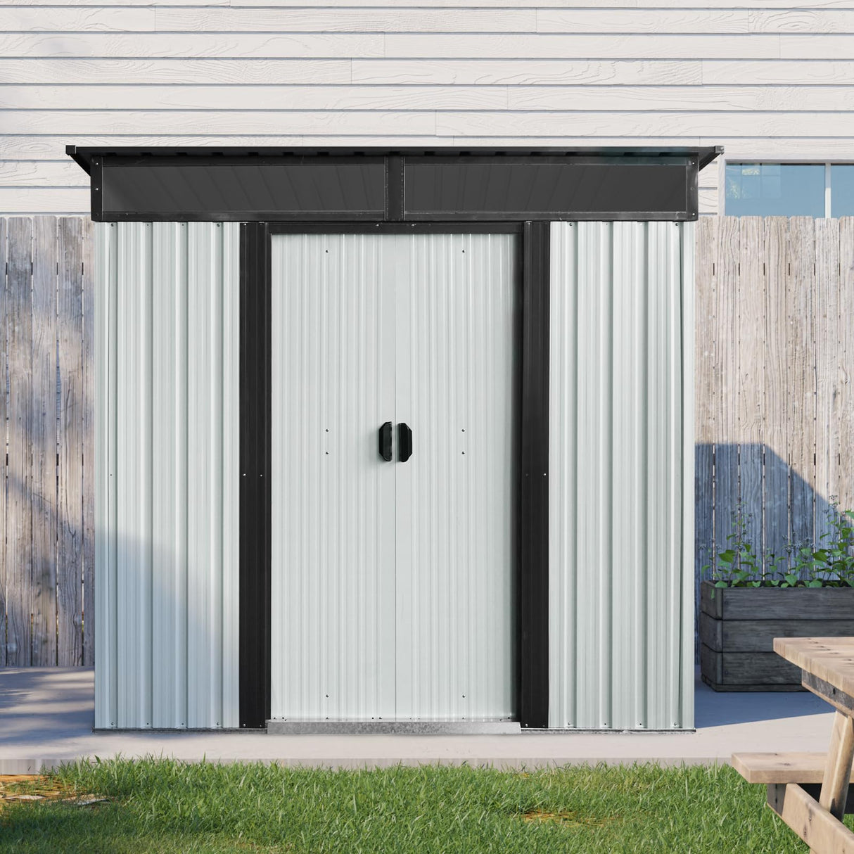 6X5 FT Outdoor Storage Shed, Waterproof Metal Garden Sheds with Lockable Door, Steel Tool Storage Buildings Shed & Outdoor Storage House for Garden, Backyard, Patio, Lawn, Trash Cans(White + Black) ANTSKU
