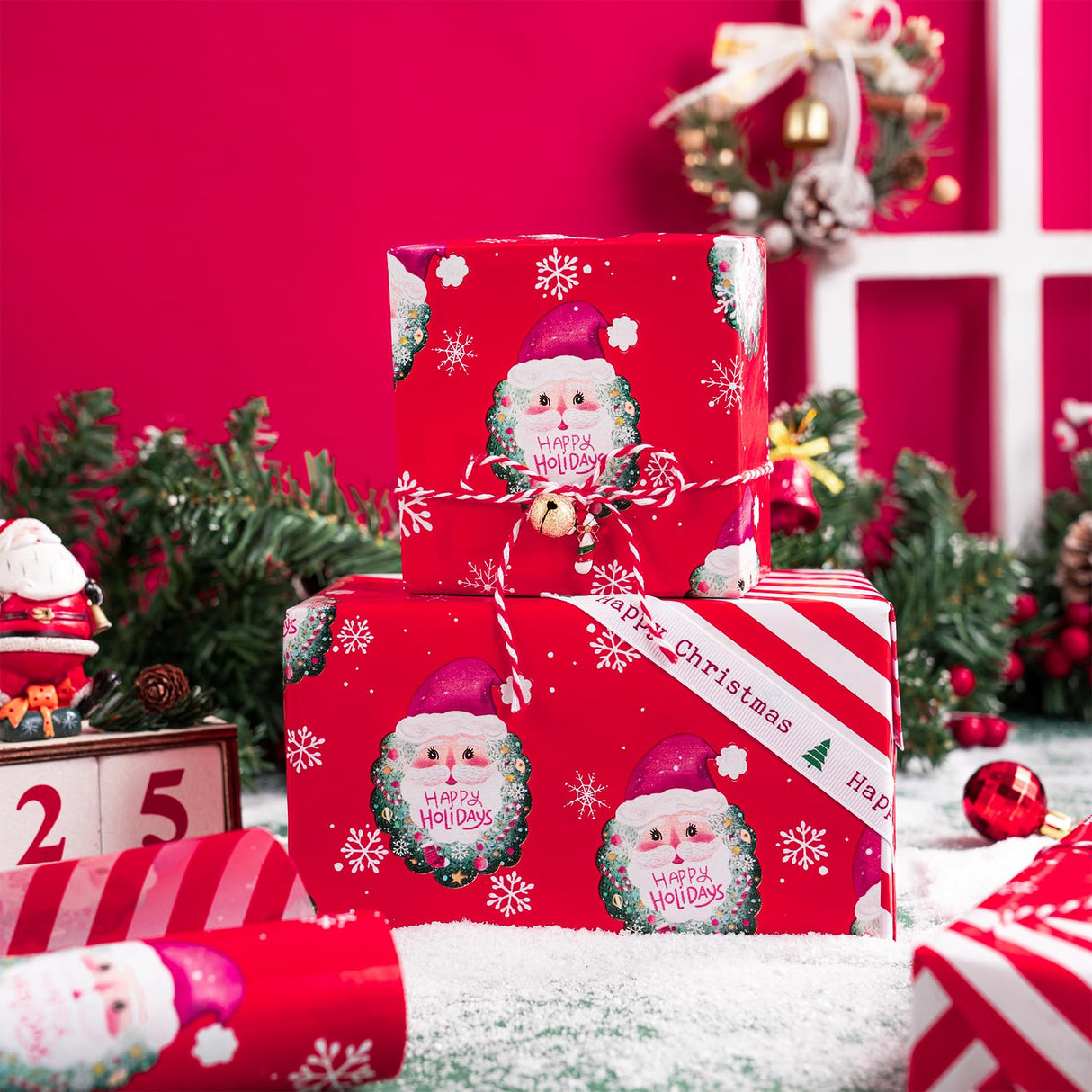 WRAPAHOLIC Reversible Christmas Wrapping Paper - Mini Roll - 17 Inch x 33 Feet - Red Santa Claus and Stripes Design for Christmas, Holiday, Party Celebration WRAPAHOLIC