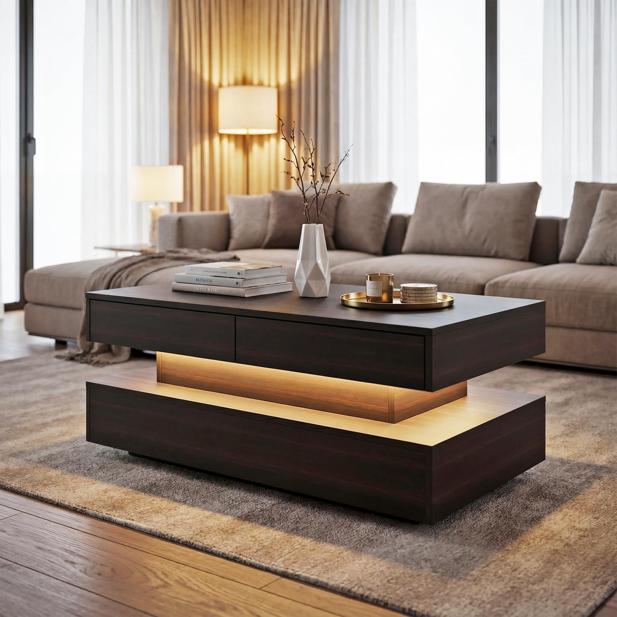 Coffee Table for Living Room, Modern Coffee Table with 2 Storage Drawers, 2 Tier Center Table Wood Coffee Tables with 20 Colors LED Lights, Mesa de Centro para Sala (Black and Brown) MWOOD