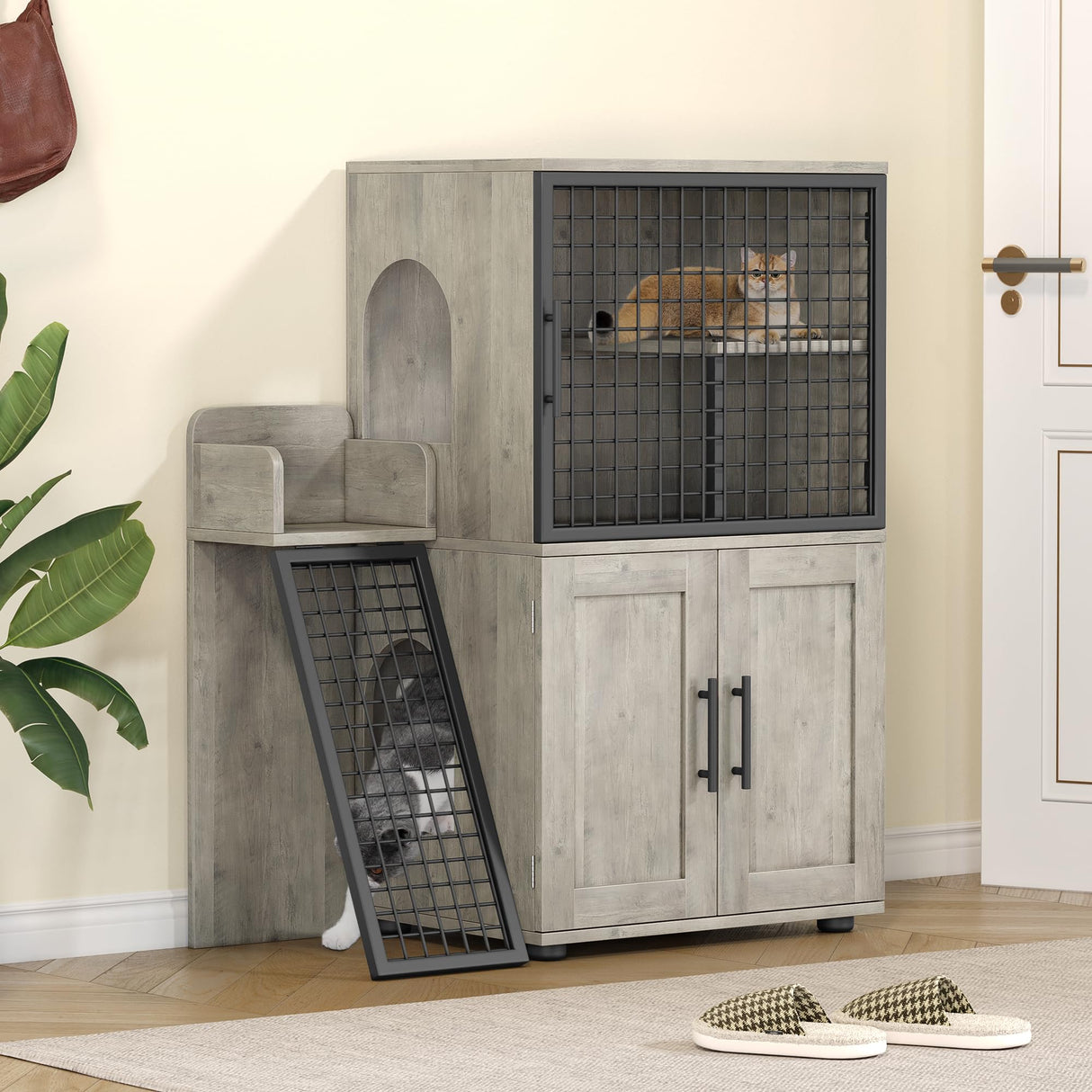 IDEALHOUSE Modern Villa Cat Litter Box Enclosure with Platform, Double Layer Hidden Furniture, Cat House with Ladder, Hidden Washroom, 33.5" L x 17.9" W x 41.9" H, Grey IDEALHOUSE