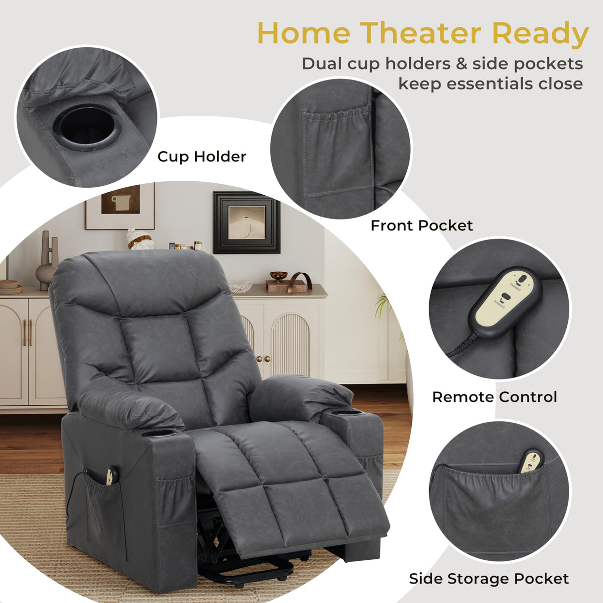 VUOVUS Power Lift Recliner Chair for Elderly, Electric Recliner with Remote Control, Adjustable Footrest, PU Leather Living Room Recliner with Cup Holders and Side Pockets (Light Grey) VUOVUS