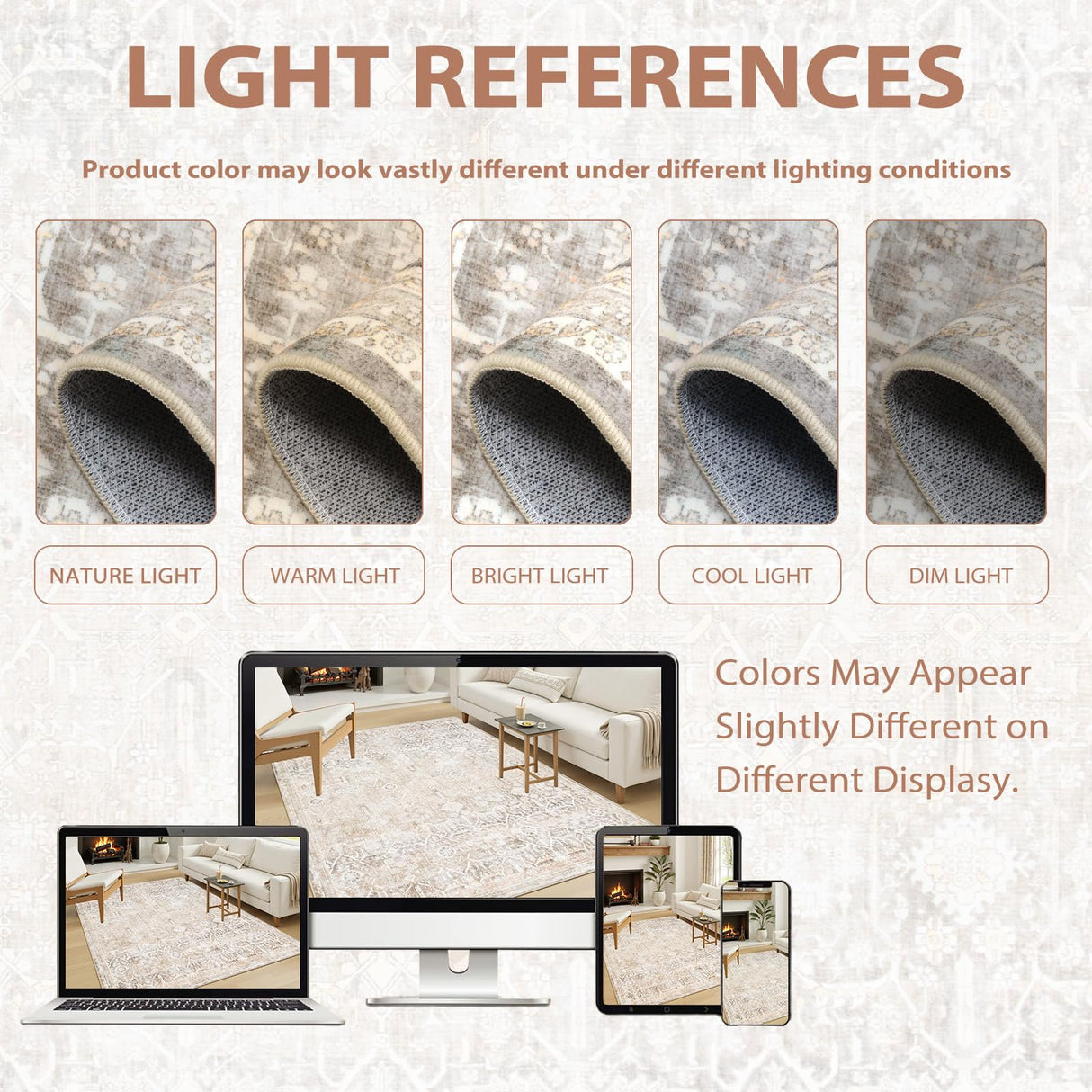 Collive Washable Area Rug 8x10, Neutral Boho Rugs for Living Room Rugs 8x10 Non Slip Farmhouse Modern Bedroom Carpet Stain Resistant Aesthetic Print Accent Floor Mat for Dining Guest Office - Beige Collive