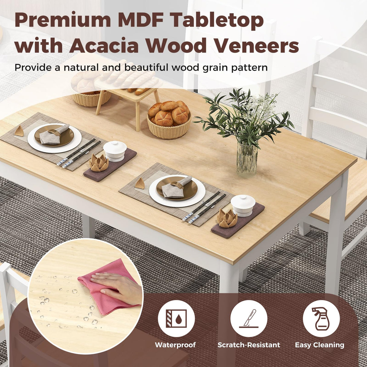 GOFLAME 5 Piece Dining Table Set for 4, Farmhouse Kitchen Table and 4 Chairs with Rubber Wood Legs, Space-Saving Wooden Dinette Set for Small Space, Dining Room, Breakfast Nook, Natural GOFLAME