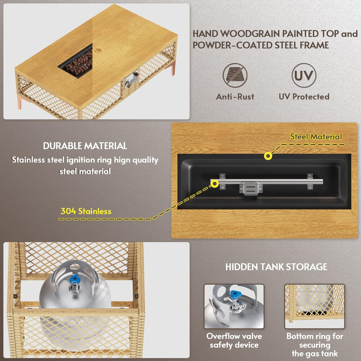 9-Piece Outdoor Patio Furniture Set with Large Fire Pit Table, Boho Wicker Outdoor Conversation Sectional Set & 60,000 BTU Rectangle Propane Fire Pit, Storage Box & Tempered Glass Coffee Table LYNSLIM