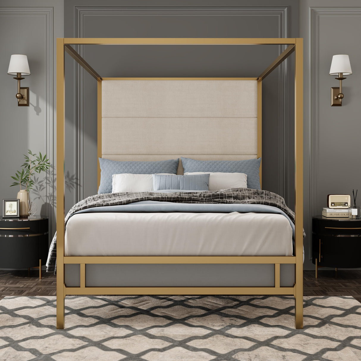 Modern 4-Poster Canopy Platform Bed King Size with Tall Upholstered Headboard, Metal Canopied Design Platform Bed Frame with Strong Slats Support (Gold+Tan-H) XD Designs