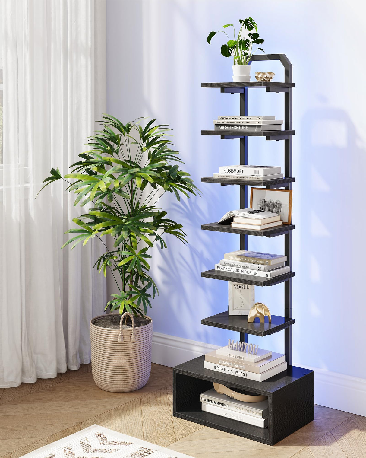 CHOEZON 8-Tier Bookshelf, LED Bookcase with Semi-Open Bottom, Small Space Standing Shelf with Lights, Corner Storage Stand, for Living Room, Home Office, Bedroom, Black TSJ08DBB CHOEZON