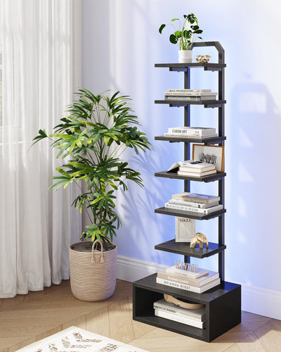 CHOEZON 8-Tier Bookshelf, LED Bookcase with Semi-Open Bottom, Small Space Standing Shelf with Lights, Corner Storage Stand, for Living Room, Home Office, Bedroom, Black TSJ08DBB